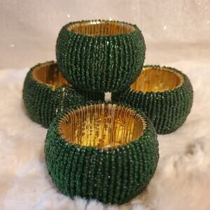 Pier 1 Set of 4 Beaded Green Napkin Rings / Holder